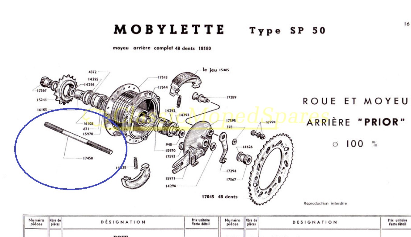 Mobylette SP50 Prior Hub Rear Wheel Spindle Part Number 17450 - Image 2