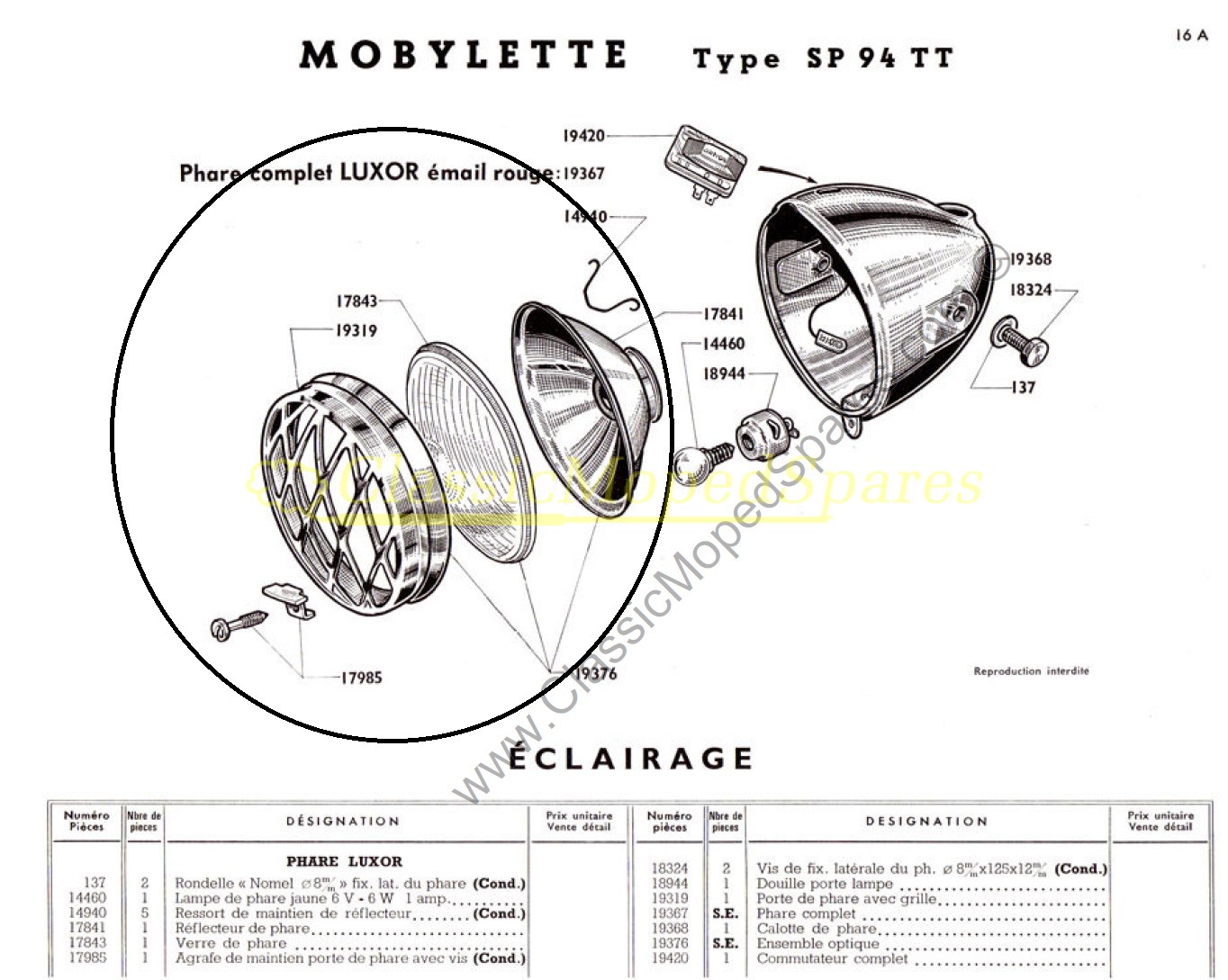Mobylette SP94 TT e, SP50 Chrome Front Headlight Assembly with Luxor 130 Lens part 18943 - Image 6