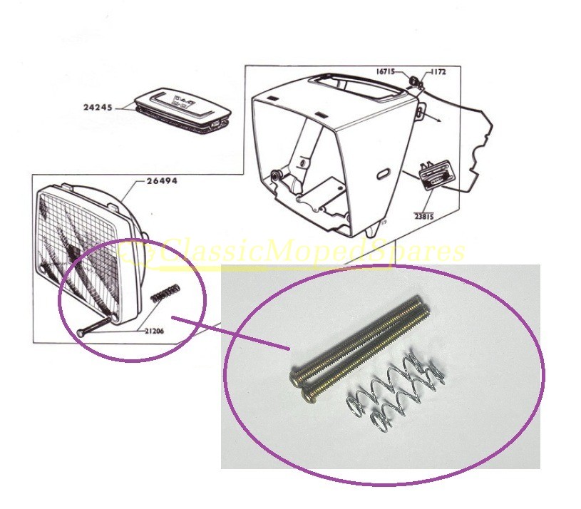 Mobylette 40,50,88 Trapezoid Headlight Fixing Screws and Springs Kit part 21206