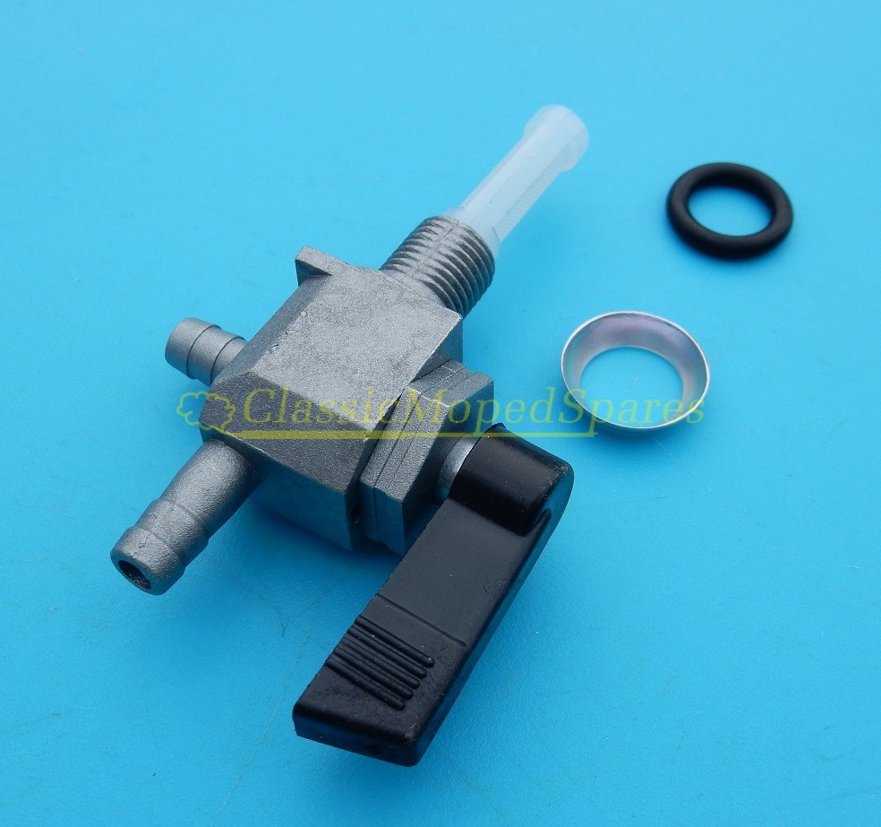 Universal Fuel Petrol Tap 10mm screw, Black Lever Off, On (Two Outlets)