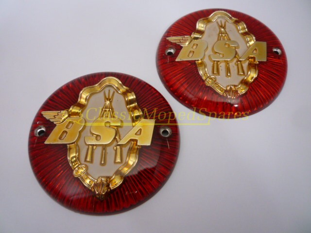 BSA Red/White/Gold Round (Pair of) Tank Badges 3" with Logo and Piled Arms