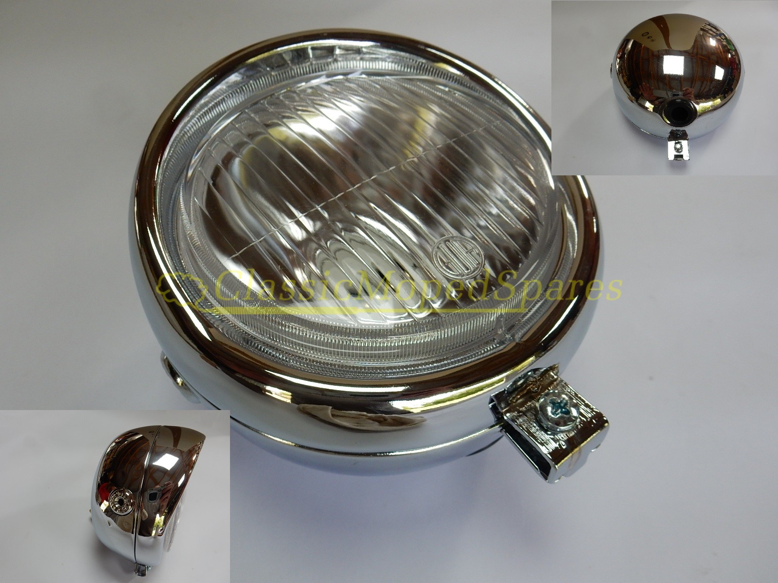 Universal Round Chrome Cased Front Headlight Lamp 135mm diameter Single Lower Point Fitting